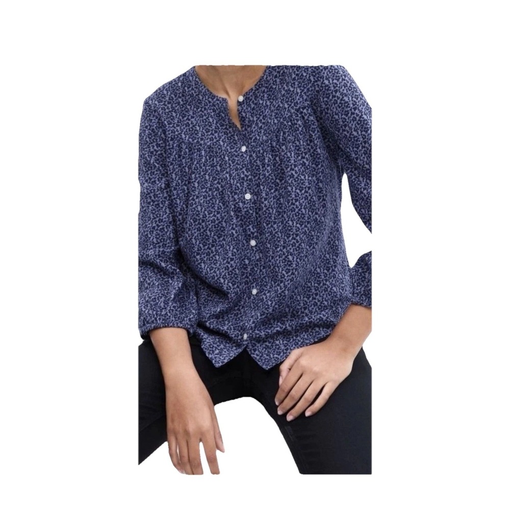 GAP Large Animal Print Blue Button Up Top Women Prairie Style Peasant 3/4 Sleeve